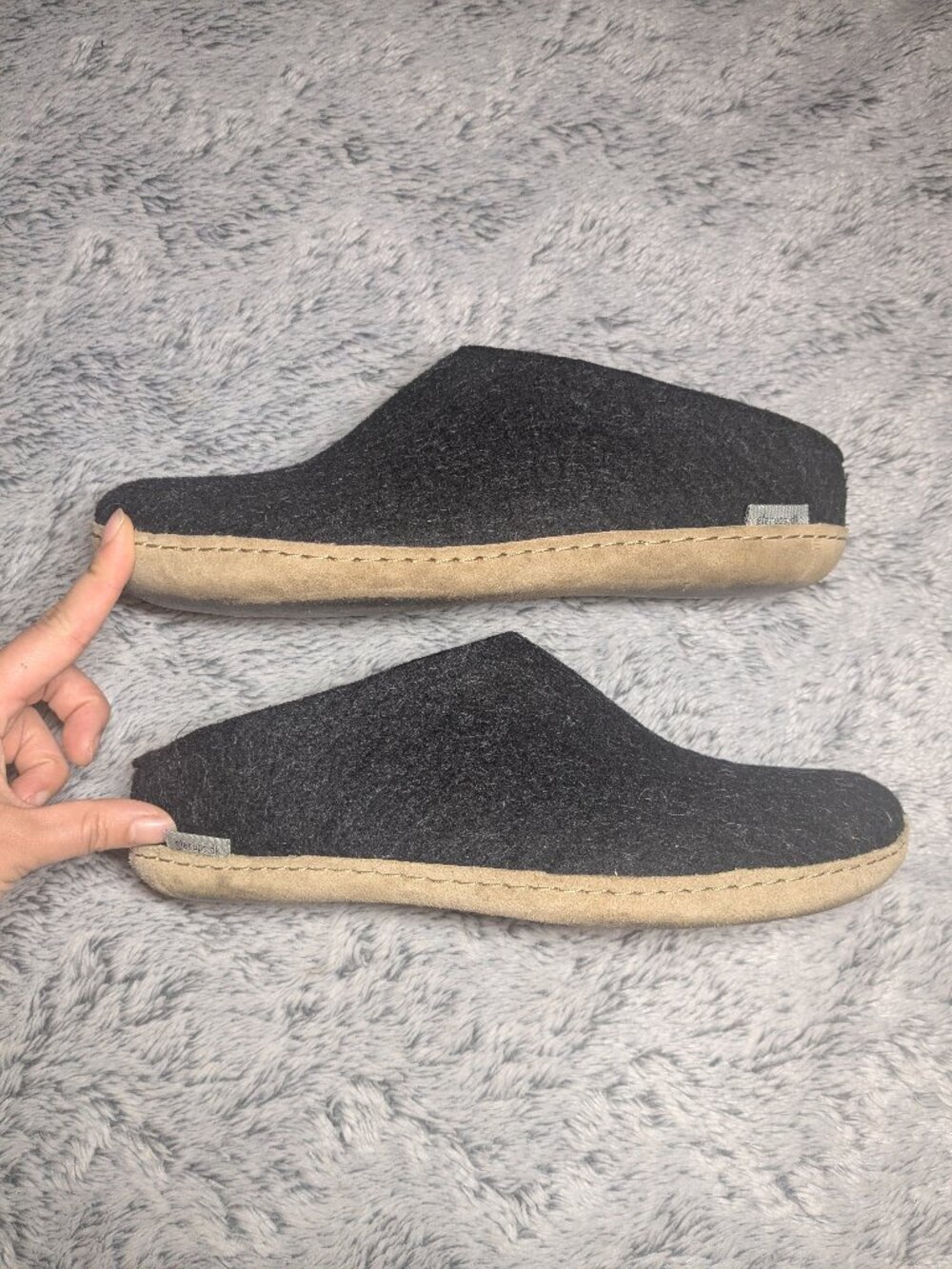 Glerups Wool Slippers Leather Sole Slip On Charcoal Gray Black Size 9 EU 40